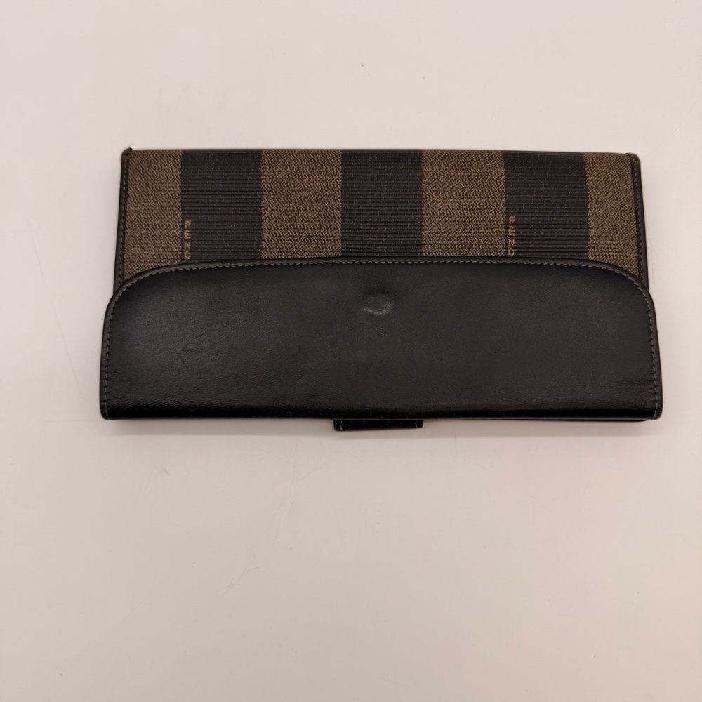 Vintage Fendi Pequin Stripe Long Wallet Brown Black Leather Italy